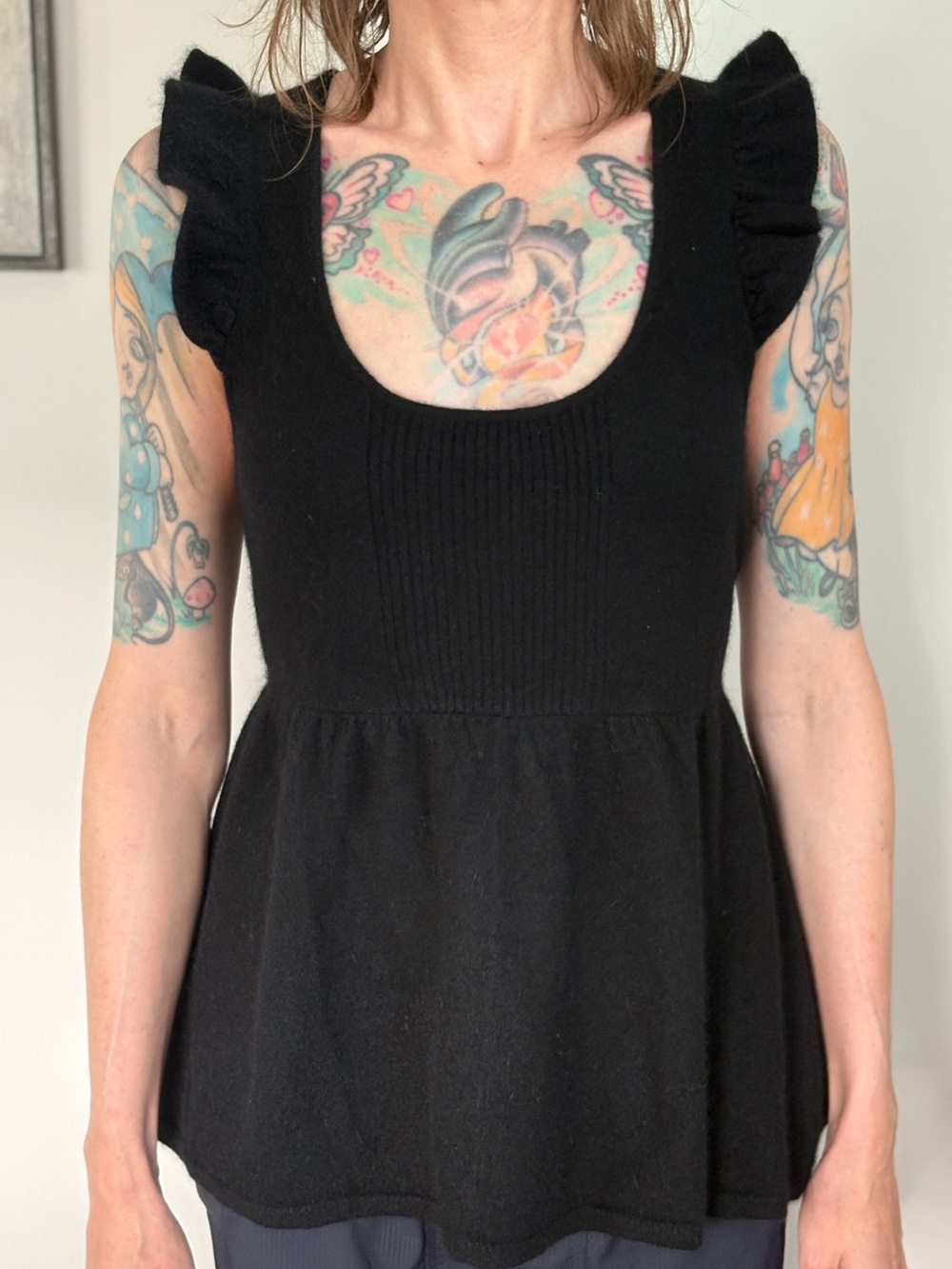 Free People angora/lambswool scoop neck ruffle short sleeve sweater blouse MED